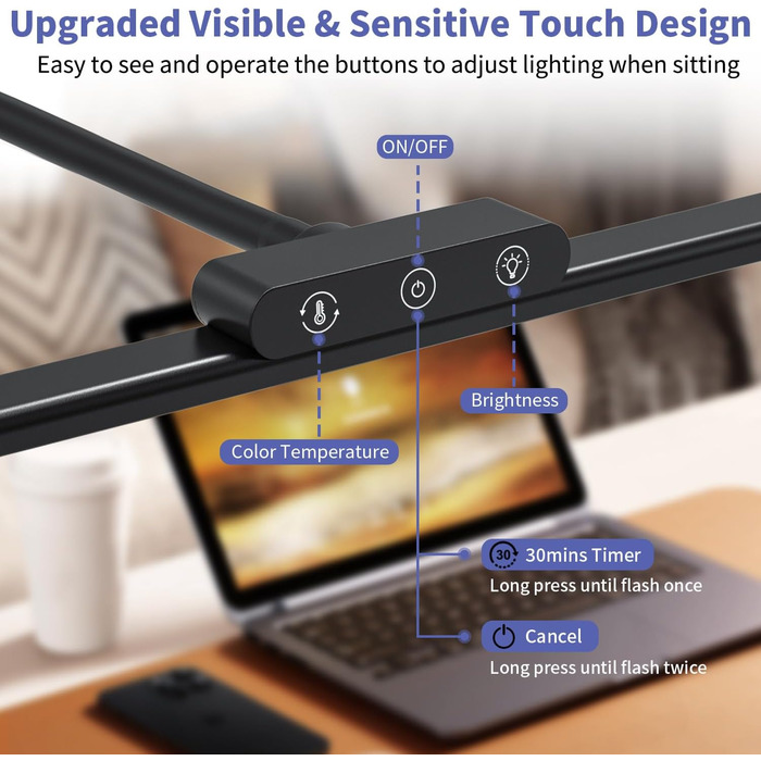 LED Desk Lamp with Adjustable Neck, 1200 Lumens, Dual Head Clamp-On for Home Office, Eye Protection, Gooseneck, Office Table Lamp, Monitor Light with 5 Color Temperature & Brightness Levels (Black-Metal Base)