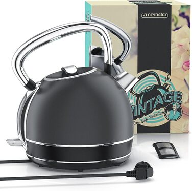 Arendo Retro Stainless Steel Kettle - 2.2L, 2200W, Cool Grey - Electric Kettle with Removable Scale Filter & Auto Shutoff