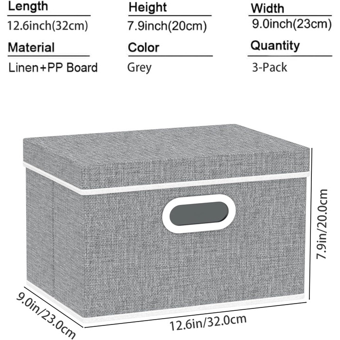 Yawinhe 3-Piece Storage Boxes with Lids, Foldable Fabric Storage Box with Handles, Storage Boxes, for Bedroom, Clothes Storage, 32x23x20cm, Grey, SNK023G-3