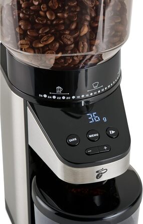 Електрична кавомолка Tchibo з вбудованими вагами, з нержавіючої сталі, конічні жорна, 26 ступенів помолу, чорно-срібна