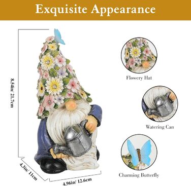 Lewondr Solar Garden Gnome Outdoor Garden Decor, Waterproof Resin Gnome Garden Figurine with Watering Can, Sculpture Garden Decoration with Warm Light Gift for Lawn Yard Patio Veranda