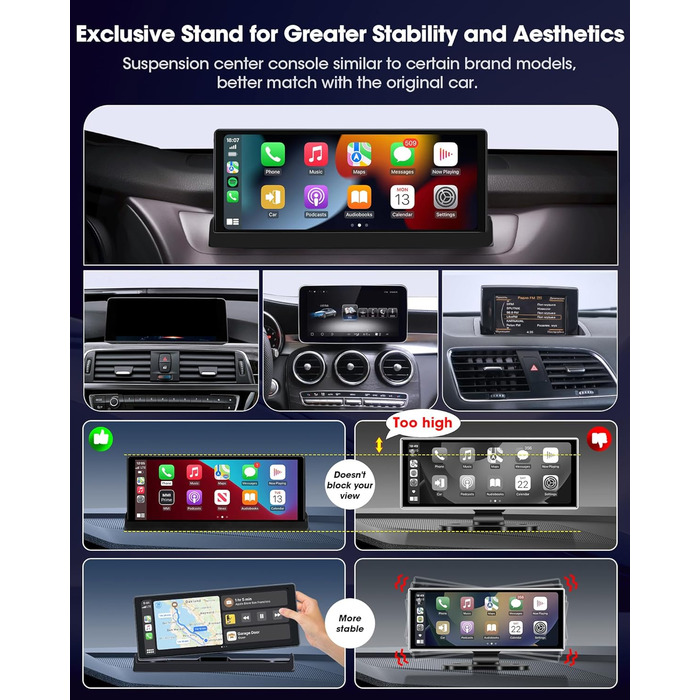 Автомобільний дисплей 10,26'' CarPlay/Android Auto з сенсорним екраном, підставкою, камерою заднього виду, GPS-навігацією, підтримкою Siri/Google для авто 2025, Buddy Display