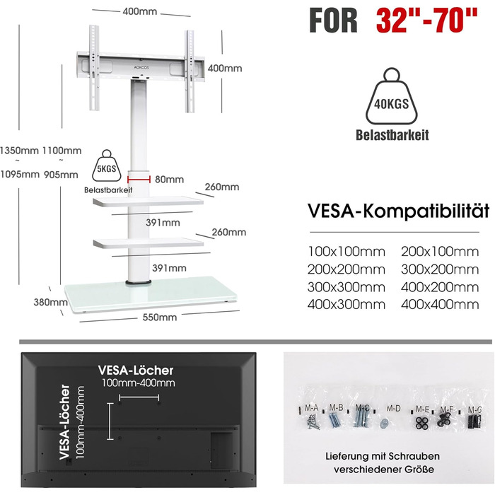AOKCOS TV Stand for 32-70 inch Flat & Curved TVs - Adjustable Height, Swivel, Tilt, 3-Tier Shelves, VESA 400x400, Up to 40kg (White)