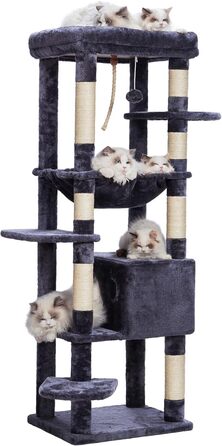Котячий будиночок Heybly Kratzbaum з декою, для великих котів, котячий комплекс, великі платформи, гніздо, 50 x 50 x 153 см, HCT050MU (димно-сірий)