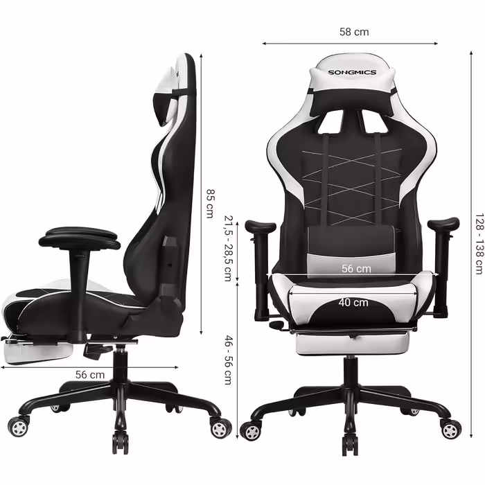 SONGMICS Gaming Chair with Footrest, 330 lbs, Office Chair, Desk Chair, Lumbar Pillow, Headrest, High Backrest, Ergonomic, Steel, Faux Leather, Breathable Mesh Fabric, Black-White RCG52BW Black + White
