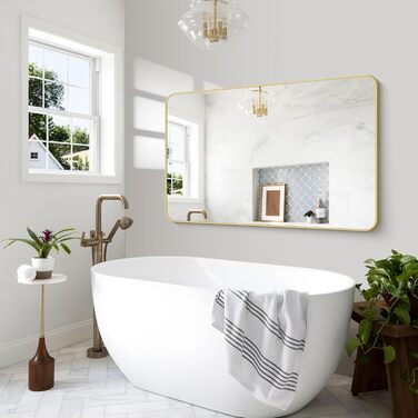 Дзеркало для ванної кімнати BONEWEI, 61 x 121,9 см, прямокутне, для монтажу на стіну, з рамою, косметичне дзеркало з округлими кутами, для спальні, вітальні, передпокою, горизонтальне (Золотий, 139.7L x 91.4B cm)