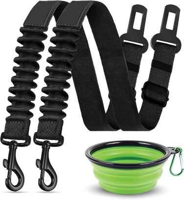 Ремінь безпеки для собак у машину – набір 2 шт. з дорожнім мискою, еластичним гумовим реміннем, регульований, з поворотним механізмом 360° та функцією захисту від ударів для безпечної поїздки