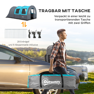 Намет Outsunny Tunnelzelt Campingzelt для 6 осіб з 2 кімнатами та гачками для ліхтариків, груповий намет з сумкою для перенесення, водовідштовхування 3000 мм, сімейний намет сірого кольору