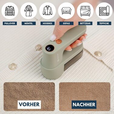 Електричний видалення ворсу та котушок для одягу – Fusselentferner з 3 швидкостями, LED-дисплеєм, USB-зарядкою, портативний пристрій з подвійним захистом (Sage)