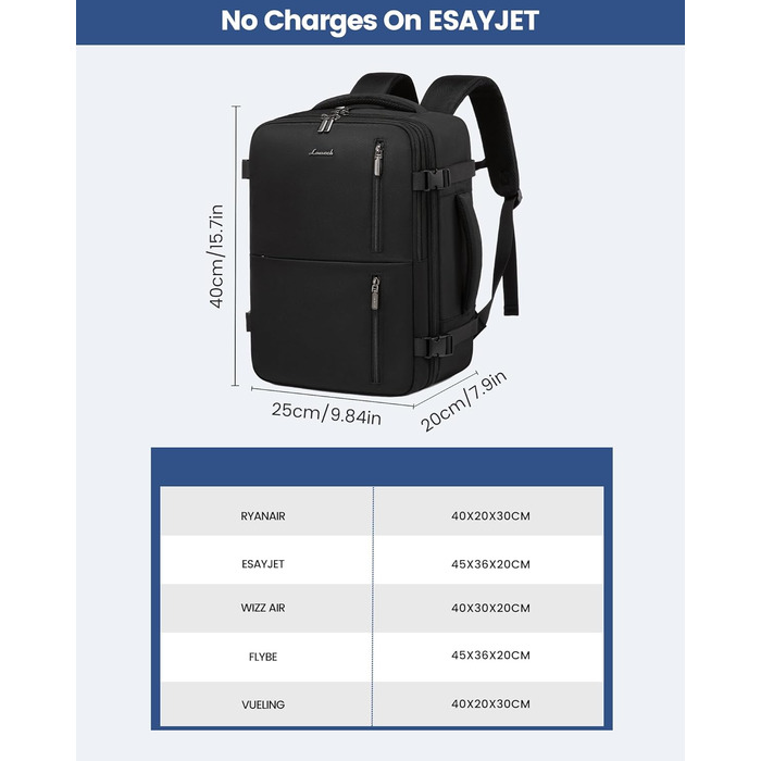 Рюкзак LOVEVOOK для ручної поклажі в літак, 40x30x20 см, 24л, для ноутбука 14 дюймів, чорний