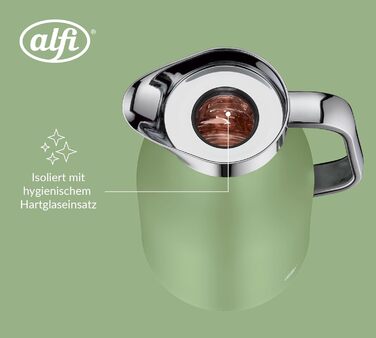 Термос Alfi SKYLINE 1.0л з нержавіючої сталі з гігієнічним скляним вкладишем, поворотним кришкою з зручною кнопкою, ергономічною ручкою, для однієї руки, ідеальний як чайник для кави та чаю (1000 мл, Celadon Green Mat)