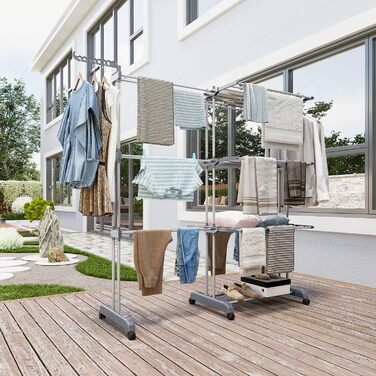 Сушарка для білизни 3-ярусна, турбо-тип, 75-200 см, висувна, з 2 обертовими крилами, висота 180 см, економна, на колесах, для квартири, балкону та саду (сіра)