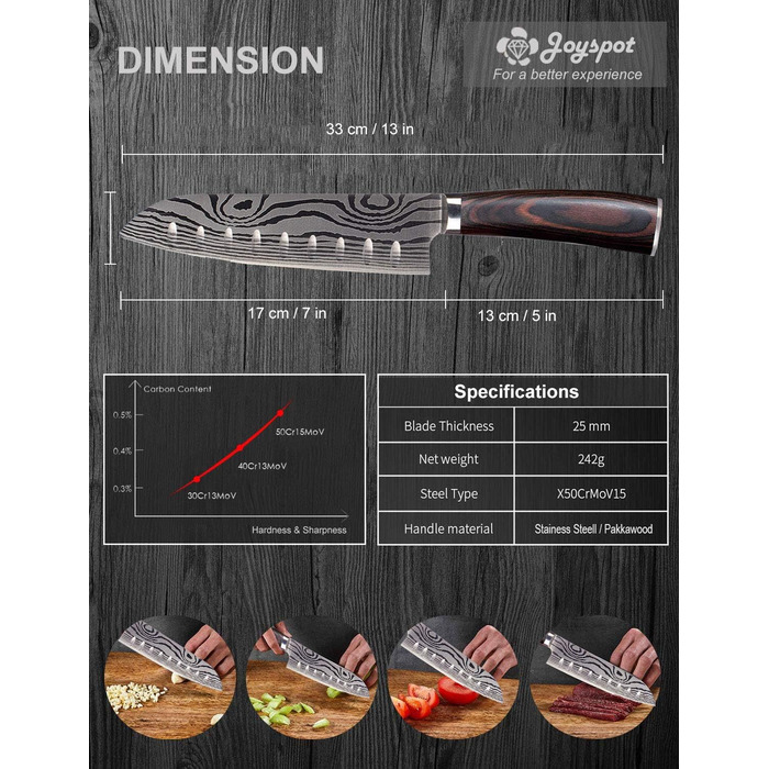 Японський ніж Joyspot Santoku 7 дюймів, професійний ніж для кухні, з нержавіючої сталі, гостра леза, ергономічна ручка