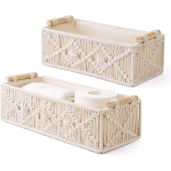 Macrame Hand Storage Baskets Decorative Box Handmade Woven Desktop Vanity Organizer Shelf Closet Organizer, Boho, for Bedroom, Kids' Room, Living Room, Set of 2, Ivory