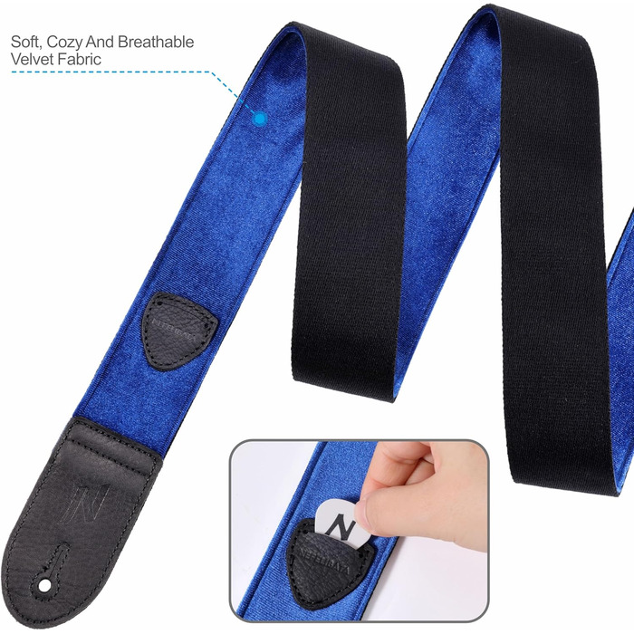 Гітарний ремінь Nefelibata з повного нубуку, вінтажний велюровий ремінь, безкоштовний бонус: 4 медіатори + фіксатори ременя + кнопка для ременя, подарунок для бас-гітари, електро- та акустичної гітари (вишуканий фіолетовий) (C#-небесно-блакитний)