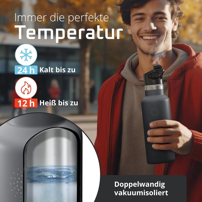 Фляга для води з нержавіючої сталі з трубочкою та інфузером, 3 кришки: без BPA, не протікає, підходить для газованої води - спортивна фляга, термофляга, ізотермос, дитяча фляга для чаю (530 мл, Cool Grey Bamboo)