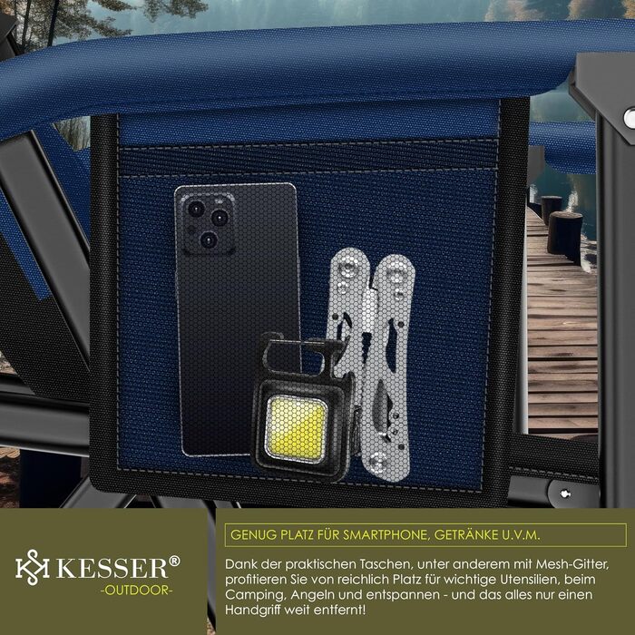 Крісло для кемпінгу KESSER® з високою спинкою, 160 кг, з підлокітниками, тримачем для напоїв та світлом, Navy Blue/Black