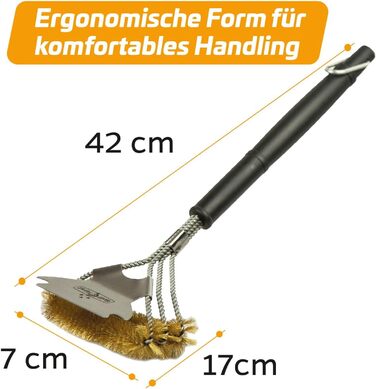 3X Grillfürst Premium Grill Brush with Brass Bristles, 45 cm - Grill Cleaning Brush for Grill Grates, Grill Grate Brush with Wide 3-Section Brush Head and Scraper