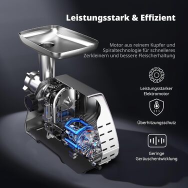 М'ясорубка електрична AIRMSEN з насадкою для ковбас, 2 сталеві ножі, 3 диски, насадка Kubbe, потужний мотор, нержавіюча сталь