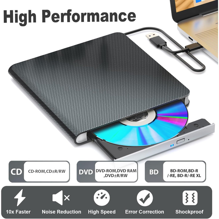 Зовнішній Blu-ray привід USB 3.0 та Type-C, портативний BD/DVD плеєр та рекордер для Windows та MacOS, чорний