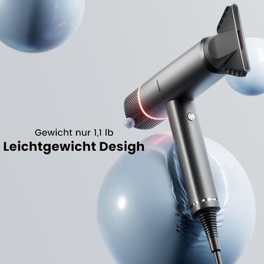 Іонізатор для волосся Föhn - високошвидкісний фен з насадкою-дифузором для жінок та чоловіків, 3 режими/2 швидкості, легкий, рівномірне тепло, тихий, чорний (сірий)