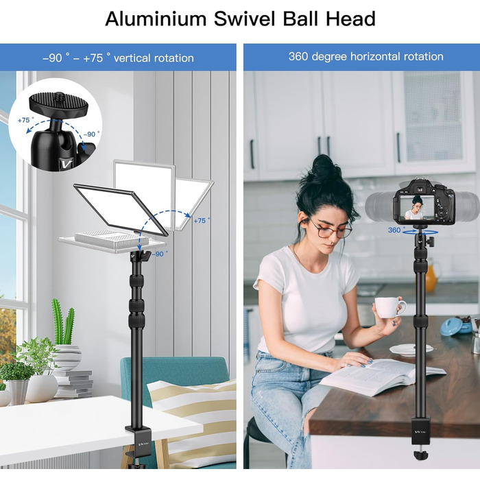 Кріплення для камери Victiv, 37-105 см, настільний штатив для DSLR Canon, світловий штатив, затискний штатив з гнучким підлокотником та 1/4' кульовою головкою для камер, LED-світла, веб-камер, смартфонів (Чорний)