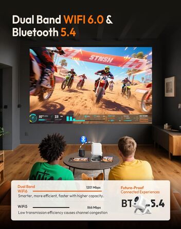 Портативний проєктор N5 1080P з WiFi та Bluetooth, сумісний з Netflix, обертовий на 135°, автоматична корекція трапецеїдальних спотворень, фільтр від пилу