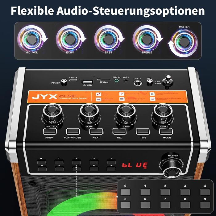 Караоке-система JYX з 2 бездротовими мікрофонами UHF, Bluetooth-колонкою з регулюванням басів/високих частот та LED-підсвіткою, підтримка PA-системи TWS, AUX, FM, запис. Для вечірок, дорослих та дітей. Чорний колір.