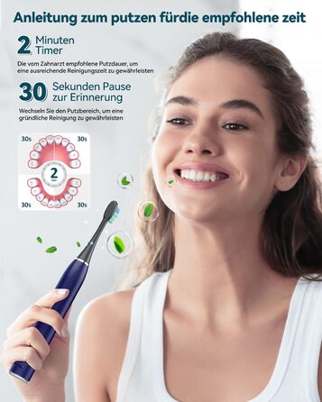 Електрична звукова зубна щітка для дорослих з відбілюючим ефектом - Ultraschall Zahnbürste з 8 насадками, 5 режимами чищення та кейсом для подорожей (Синій)