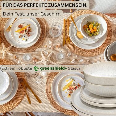 SÄNGER | Korfu Dinner Set 12 pcs, Tableware Service for 4 People, Stoneware Dishes Handmade, Plate Set including Dinner Plates, Dessert Plates, Deep Plates, Cream Colors with Sandy Texture | PREMIUM COLLECTION Korfu Tableware Service 12 pcs
