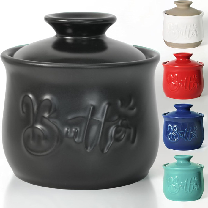 Ceramic butter dish, 156 ml, with water and butter dispenser, holder for spreadable butter, French butter crock with lid, butter container for kitchen countertop, black kitchen decoration
