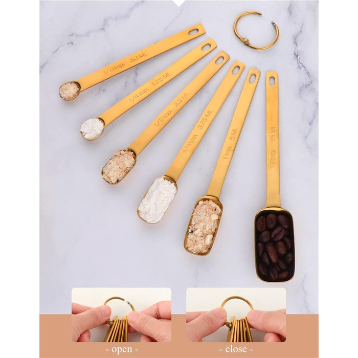 6-Piece Measuring Spoon Set for Teaspoons, Coffee, Sugar, Cake, Baking, Gold Measuring Cups, Kitchen Measuring Spoons, Baking Utensils (Color: A Silver) (B Gold)