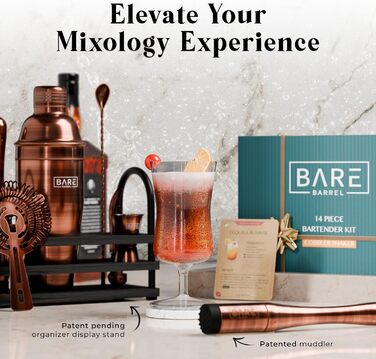 Набір бармена BARE BARREL®: 14 предметів для приготування коктейлів, шейкер Schuster (680 мл), аксесуари для бару, 35 рецептів, подарунковий набір