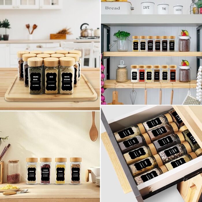 Набір банок для спецій квадратних [12 штук] з бамбуковою кришкою, 120 мл, з воронкою, наклейками, щіткою та ситами