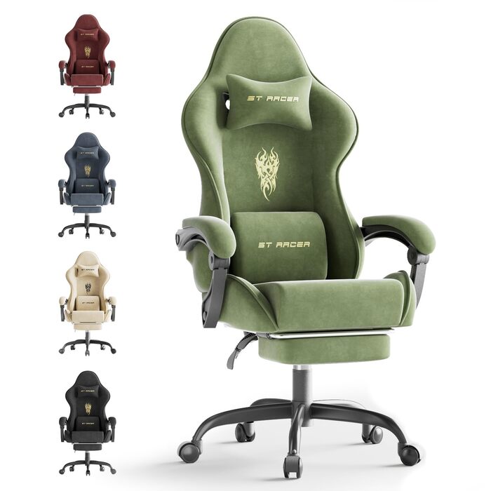 Геймерське крісло Ferghana Ergonomisch LW210: зручне крісло для комп'ютера з підголівником, подушкою для попереку, підлокітниками та підставкою для ніг (Зелений)