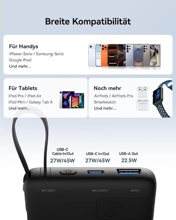 Повербанк INIU 45W 10000mAh з вбудованим кабелем USB-C, швидка зарядка для iPhone 16 17 Pro, Samsung S22, Xiaomi, iPad, чорний