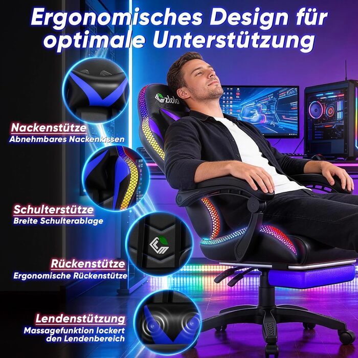 Геймерське крісло Czlolo RGB LED з підставкою для ніг, ергономічне, для дорослих та дітей, блакитне