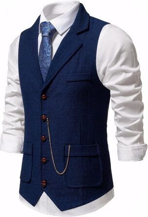 Чоловічий жилет твідовий ретро смокінг Slim Fit AIEEOE з кишенями, темно-синій, XL