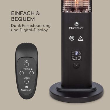 Інфрачервовий обігрівач Blüfeldt - 1200 Вт, чорний, для дому та тераси, IP65, з захистом від перекидання