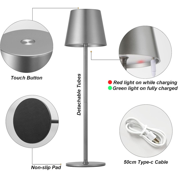 Набір з 2 бездротових настільних ламп LED з акумулятором, сенсорне регулювання яскравості, 3 режими кольору, USB-C зарядка для спальні, столу, кемпінгу (Чорний)