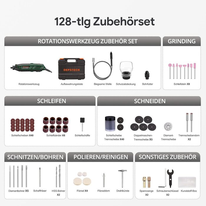 200W Multifunction Tool, Rotary Tool with 6 Variable Speed Settings 10000–40000 RPM, Multitool Set with 128 Accessory Set for Engraving, Drilling, Cutting, Grinding, Carving, Polishing, Sharpening