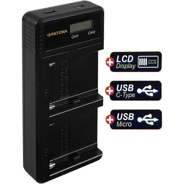 Зарядний пристрій Patona Dual LCD для акумуляторів Sony NP-F970/F750/F550/FM500H/FM50/QM71/91 – одночасний заряд 2-х акумуляторів через USB для відеокамер, світла та моніторів NP-F