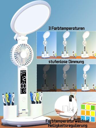 LED-лампа настільна з вентилятором для дітей WLHONG з годинником, тримачем для ручок, календарем та датчиком температури, 3 режими температури кольору, кругла