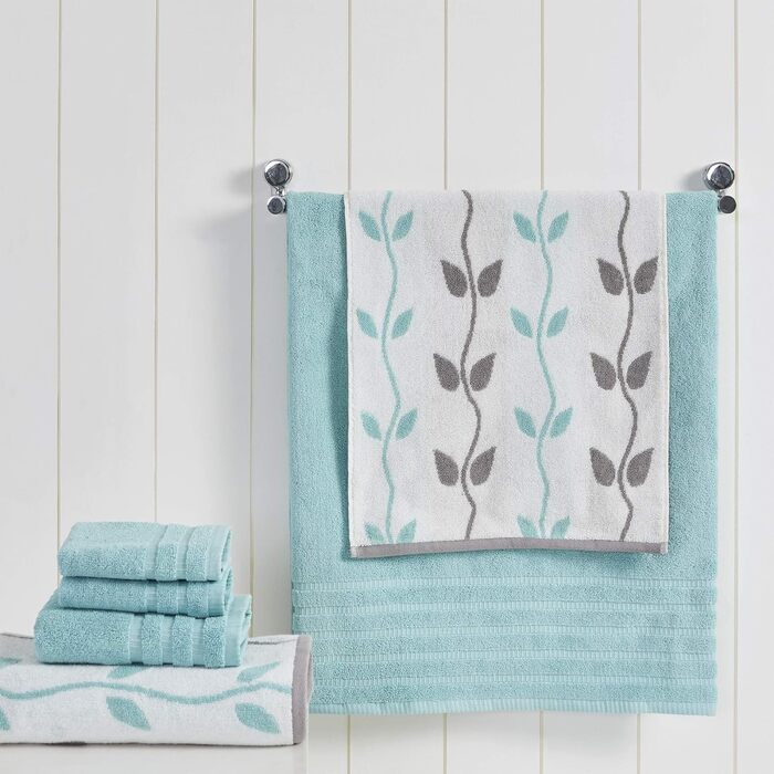 Amrapur Overseas Towel Set, yarn-dyed, organic fronds, jacquard/solid, ultra-soft, 500 g/m², 100% combed cotton, Aqua, 6-piece