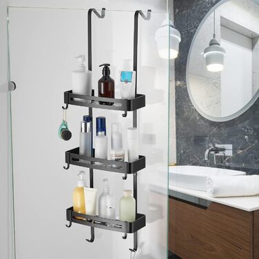 Двоярусна полиця для душу MOGFCT з гачками, з нержавіючої сталі, для ванної кімнати, чорна