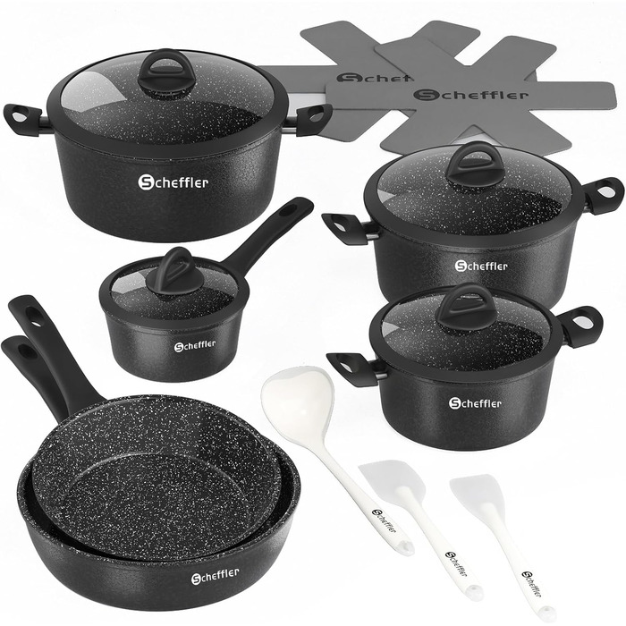 Набір каструль та сковорідок Scheffler 15tlg з антипригарним покриттям для індукційних плит, чорний (HL-21PS102)
