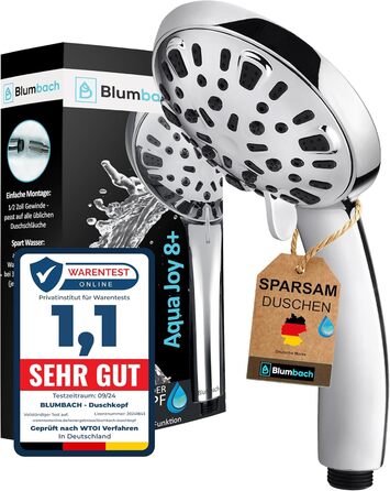 BLUMBACH® Shower Head - Water-Saving - High-Pressure Aqua Joy Shower Head - 8 Spray Patterns, Pressure-Boosting Shower Head, Shower Head, Water-Saving Shower Head, High Water Pressure Strong Jet