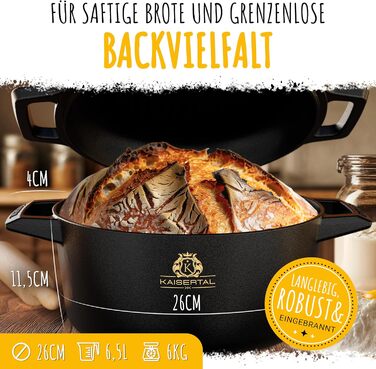 KAISERTAL 26cm Cast Iron Pot for Bread Baking + Proofing Basket - Seasoned Bread Baking Mold with Lid - Bread Pot for Baking - Bread Baking Pot, Bread Baking Set, Cast Iron Pot for Bread Baking, Bread Baking Accessories, Bread Form