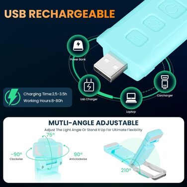 LED лампа для читання з кліпсою, акумуляторна, 3 режими температури кольору, USB, гнучка 360°, для читання в ліжку, для книголюбів та дітей (Блакитна)
