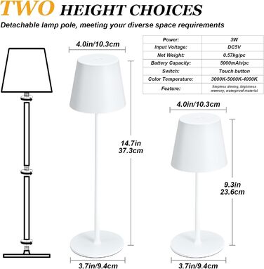 Настільна LED лампа акумуляторна бездротова 2 в 1, димується, з USB-C зарядкою, 3 режими світла, біла - набір 2 шт.